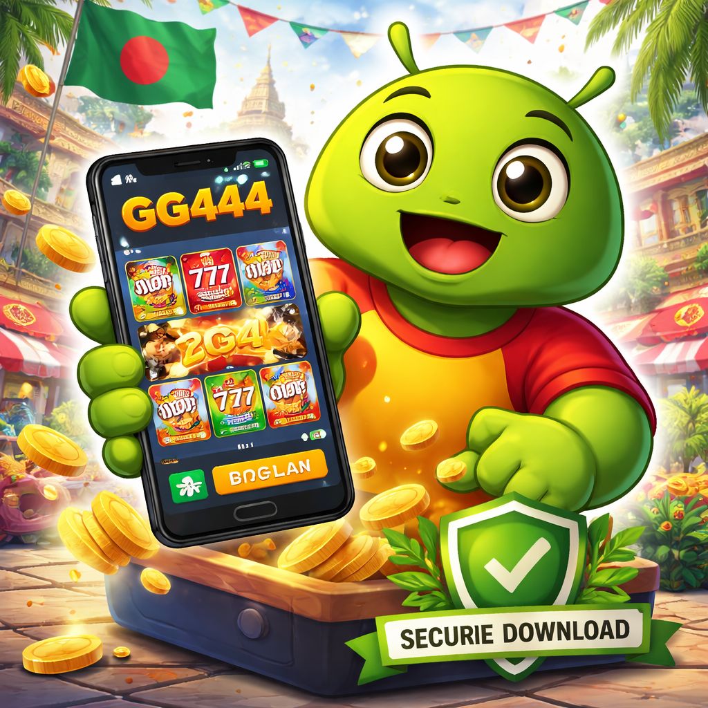 Cartoon Android gamer holding a phone with GG444 app screen and glowing casino icons