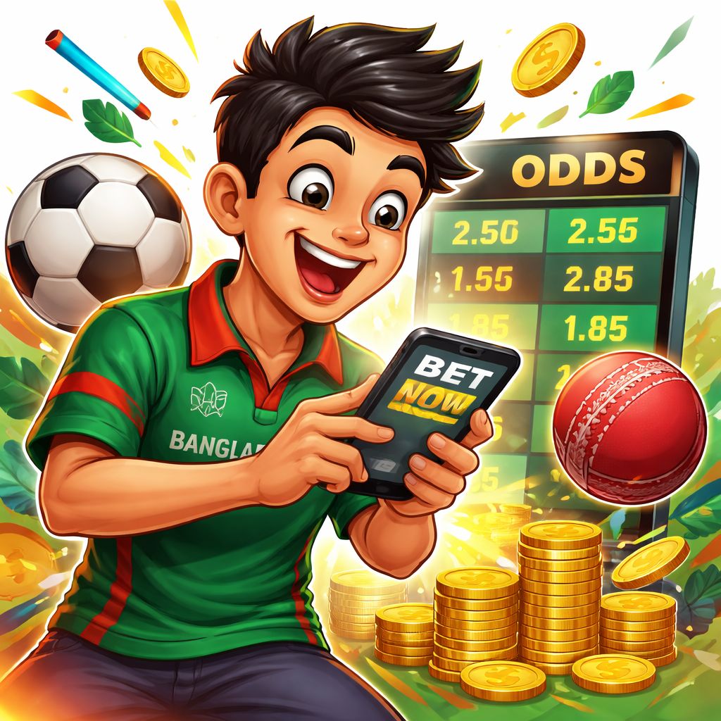 Cartoon sports bettor holding a phone with GG444 Bet odds, cricket ball, football, and coins