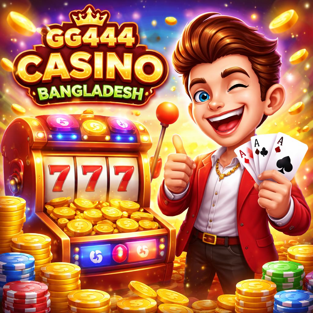 GG444 Casino cartoon player with cards, slot reels, and golden coins