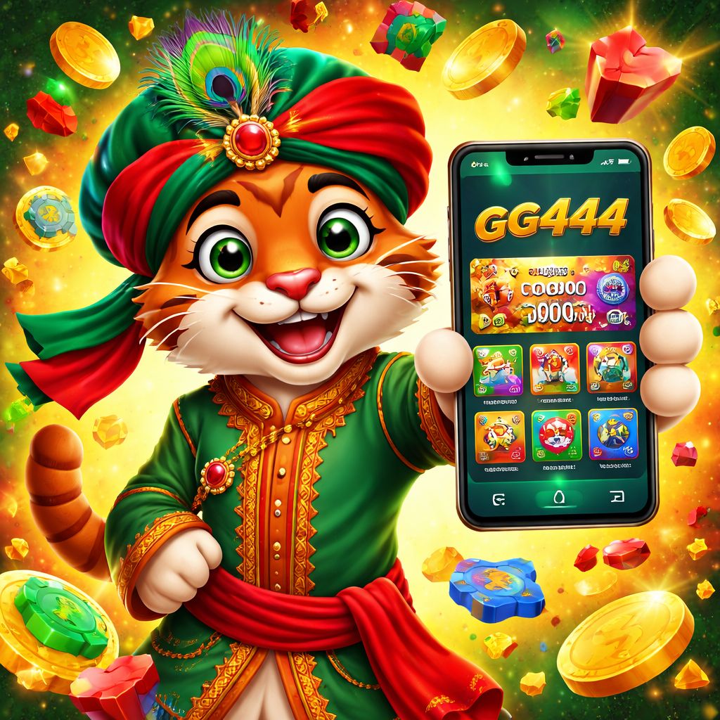 GG444 cartoon casino character holding a phone with coins and slot symbols