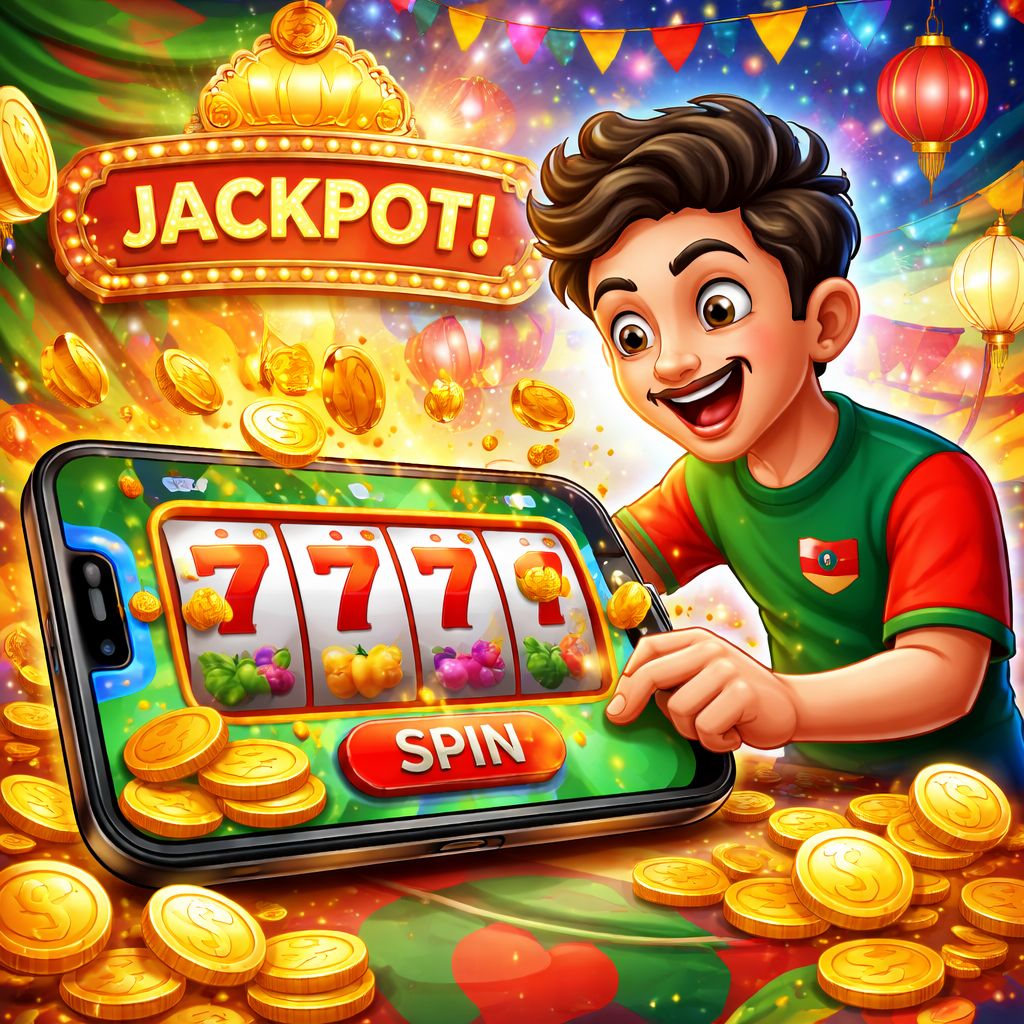 GG444 Slots cartoon character celebrating a jackpot beside bright slot reels and coins